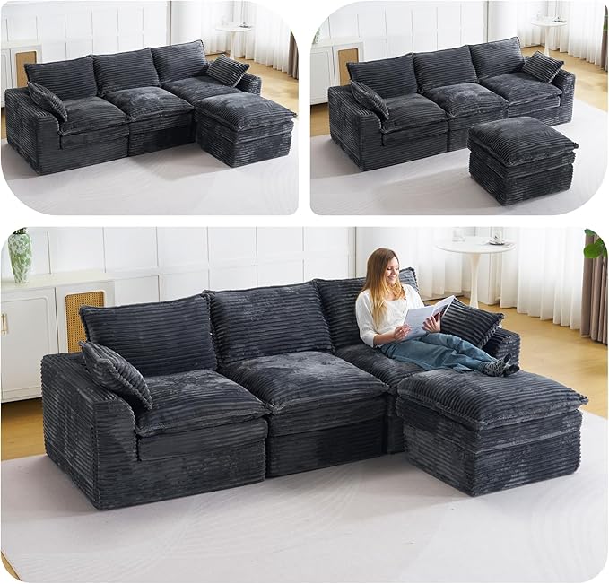 113 Modular Sectional Sofa Oversized L-Shape Cloud Sectional Couch with Deep Seat Modern Boneless Cloud Couch with Side PocketsUpholstered Comfy Sectional Couch for Living Room CorduroyGrey | No