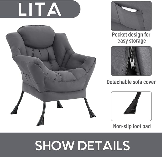 LITA Lazy Chair with Armrests and Side Pocket Modern Upholstered Accent Reading Chair for Living Room Bedroom Dorm Small Spaces Single Dark Grey