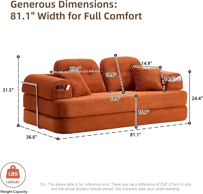 Convertible Modular Sofa Bed with Large Backrest Support &amp Storage Pockets Modern Corduroy Floor Couch for Small Apartment &amp Limited Space Ergonomically Designed Furniture (Orange 82'')