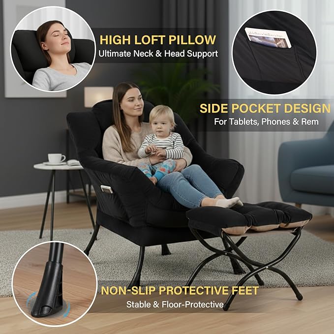 Lazy Chair and Ottoman Black Velvet Large Accent Chair with a Side Pocket Modern Leisure Upholstered Sofa Reading Armchair with Footrest for Office Bedroom Living Room Dorm Rooms Balcony