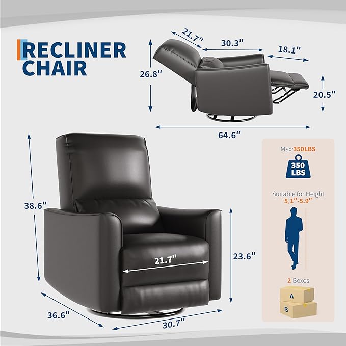GarveeHome Recliner Chair 360° Swivel Rocker Glider Nursery Chair with Padded Armrest and Deep Seat PU Leather Upholstered Reclining Sofa Chair for Living Room Bedroom and Nursery (Charcoal)
