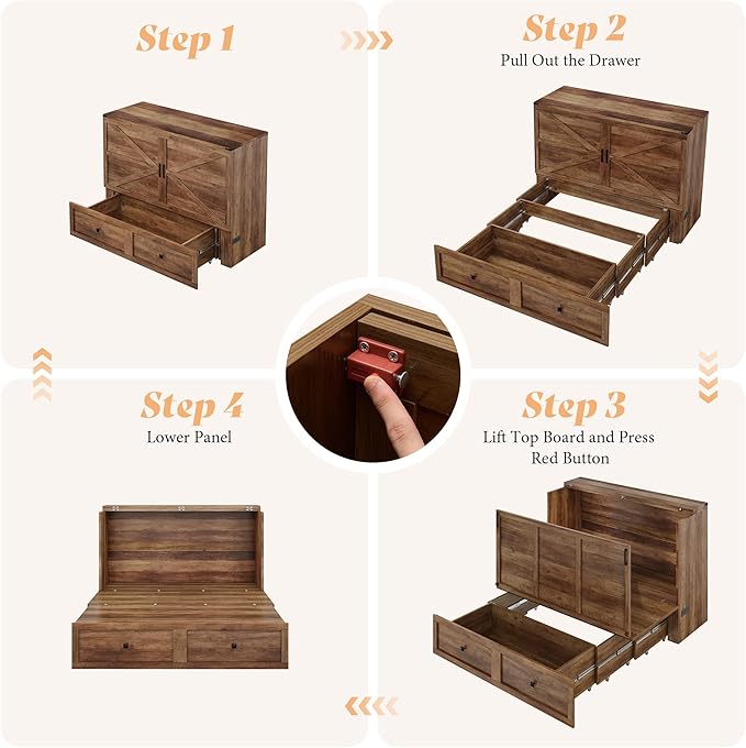 AMERLIFE Queen Murphy Bed Cabinet with Charging Station and Storage Farmhouse Foldable Platform Bed for Guest Room Office Small Spaces Barnwood