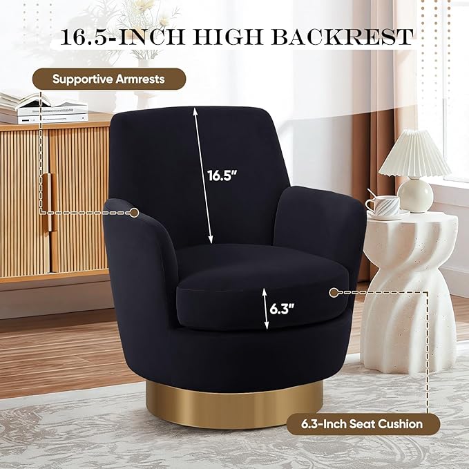 360° Swivel Barrel Chair Set of 2 28.3 Modern Velvet Round Accent Chair Comfy Upholstered Small Armchair with Gold Metal Base for Living Room Bedroom Nursery Office Sillas para Sala Black