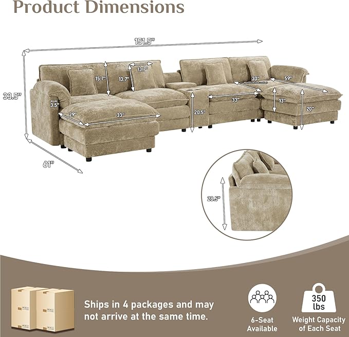 152 Oversized Modular Sectional Sofa U Shaped Cloud Couch Modern 6 Seat Sofa Set for Living Room Comfy Chenille Couch with Storage Central Console Movable Ottomans Cup Holders USB Ports Camel