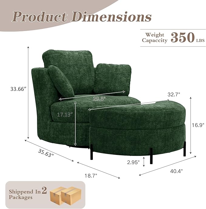 Mlmh &amp Kngwa Oversized Swivel Chair with Ottoman 40.4 inch Round Swivel Accent Chair and A Half Moon Ottoman with 3 Pillows Chenille Cozy Reading Chairs for Bedroom Living Room Green