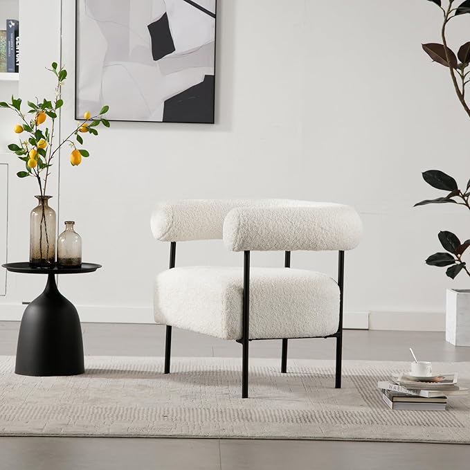 Wahson Modern Accent Chair with Black Metal Legs Boucle Upholstered Barrel Chair with Curved Backrest Small Reading Chair for Living Room/Bedroom/Office White