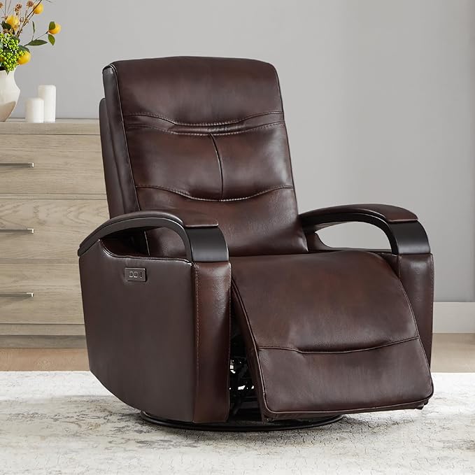 CHITA Genuine Leather Power Swivel Glider Rocker Recliner FSC Certified Mid Century Modern Recliner Chair for Adults Adjustable Power Headrest for Nursery and Living Room Cognac Brown