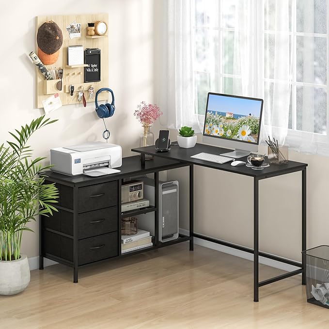 Giantex L Shaped Computer Desk with Drawers 81 Convertible Corner Desk with Charging Station and Storage Shelves Study Writing Desk Modern Long Corner Gaming Table for Home Office (Black)