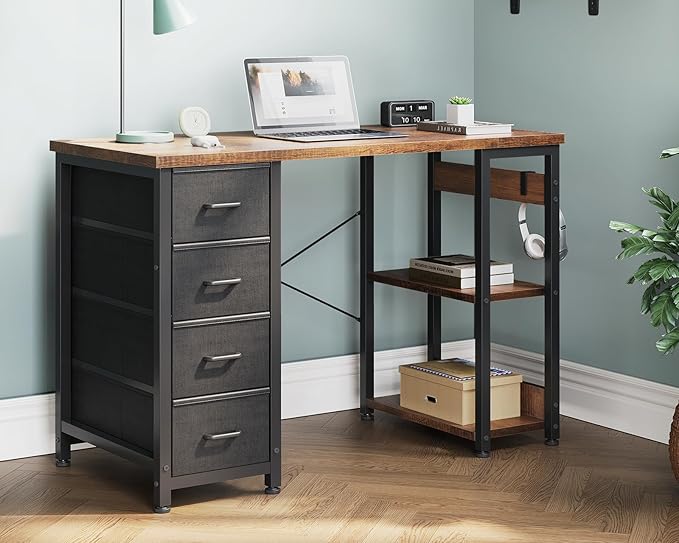 Casaottima 40 Inch Small Computer Desk with 4 Fabric Drawers Modern PC Desk for Small Spaces Home Office Desk with Storage Shelves Vintage