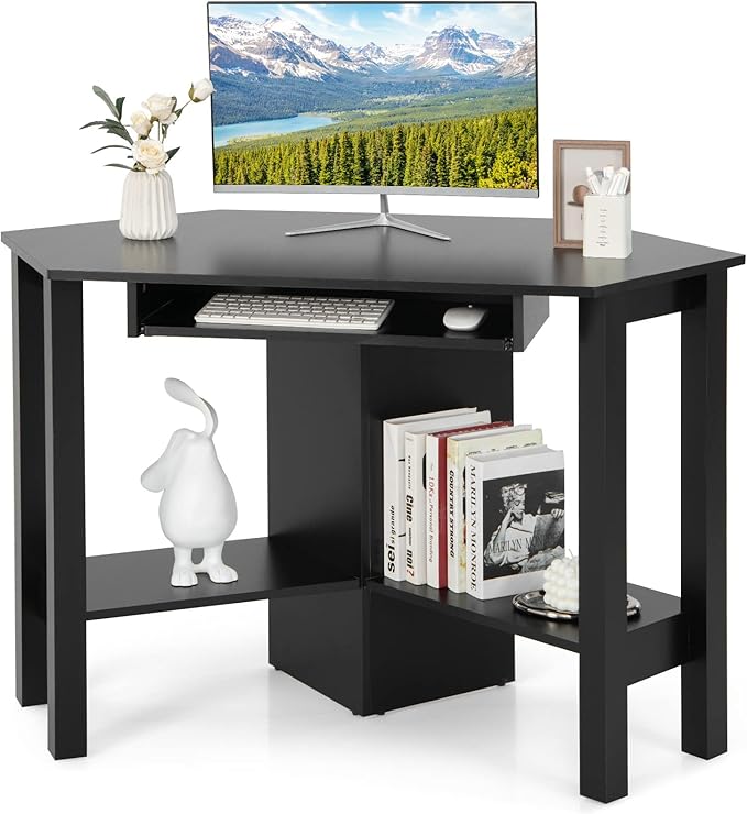 Tangkula Corner Desk with Keyboard Tray Triangle Corner Computer Desk for Small Space Bedroom Corner Makeup Vanity Desk with Storage Shelves Space Saving Corner Writing Desk