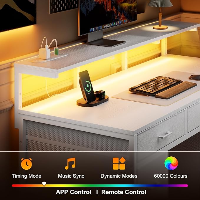 HLDIRECT 47 inch Computer Desk with 8 Storage Drawers Gaming Desk with LED Lights &amp USB Power Outlets Home Office Table with Monitor Stand Study Writing Work Table for Bedroom White