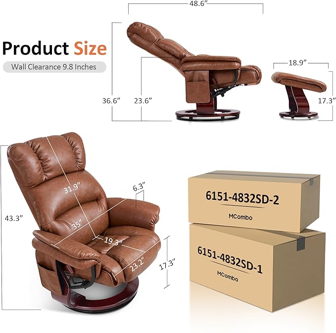 MCombo Swivel Recliners with Ottoman Reclining TV Chairs with Vibration Massage Faux Leather Ergonomic Lounge Chair for Living Room Bedroom 4832 (Saddle)