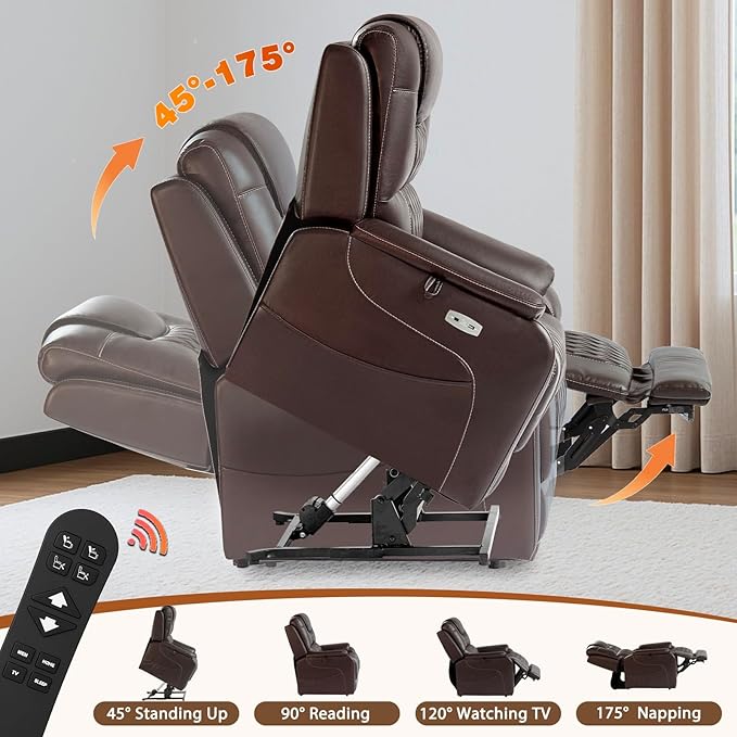 EONIX Triple Motor Lay Flat Power Lift Recliner Chair for Elderly with Massage 400lbs Electirc Lift Chair for Living Room Independent Adjustable Backrest Headrest Extended Footrest Dark Brown