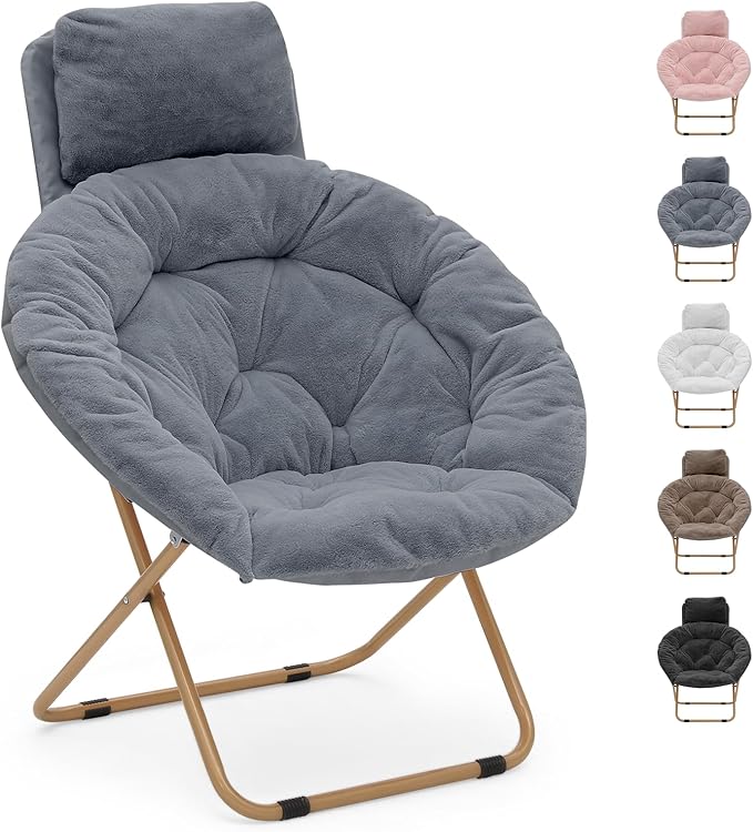Round Comfy Saucer Chair with Headrest Large Cozy Metal Frame Cozy Lounge Lazy Chair Folding Faux Fur Saucer Chair for Adults Foldable Papasan Moon Chair