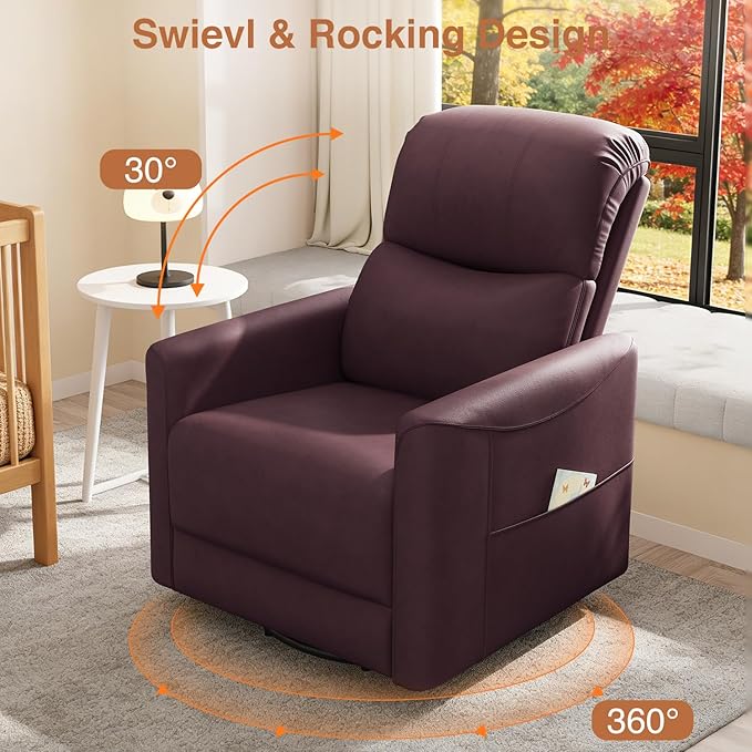 Kidirect Power Swivel Rocker Recliner 360° Swivel Recliner Chairs for Nursery Pu Leather Power Recliner Chair with USB Port and Side Pocket Electric Glider Rocking Chair for Living Room