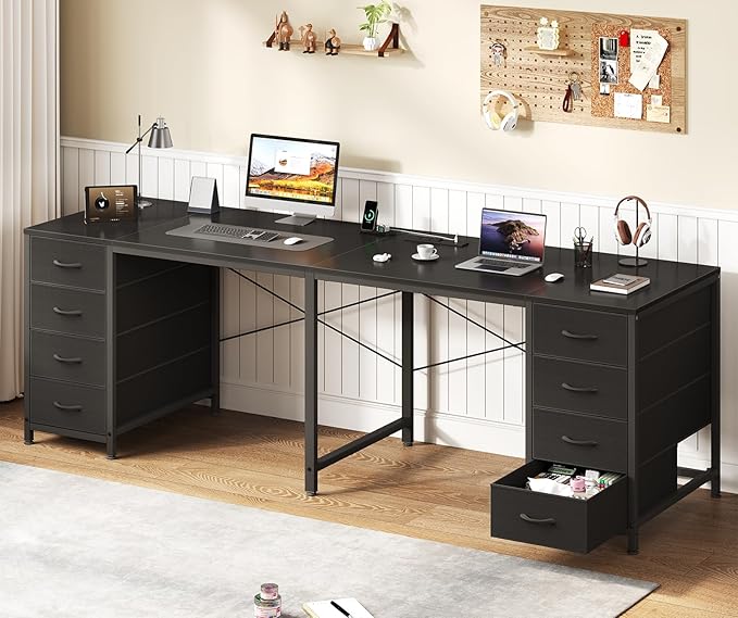 TVU 78 2 Person Desk with 8 Fabric Drawers Long Computer Desk Home Office Desk with Storage Two Person Double Desks with Power Outlets Brown and White