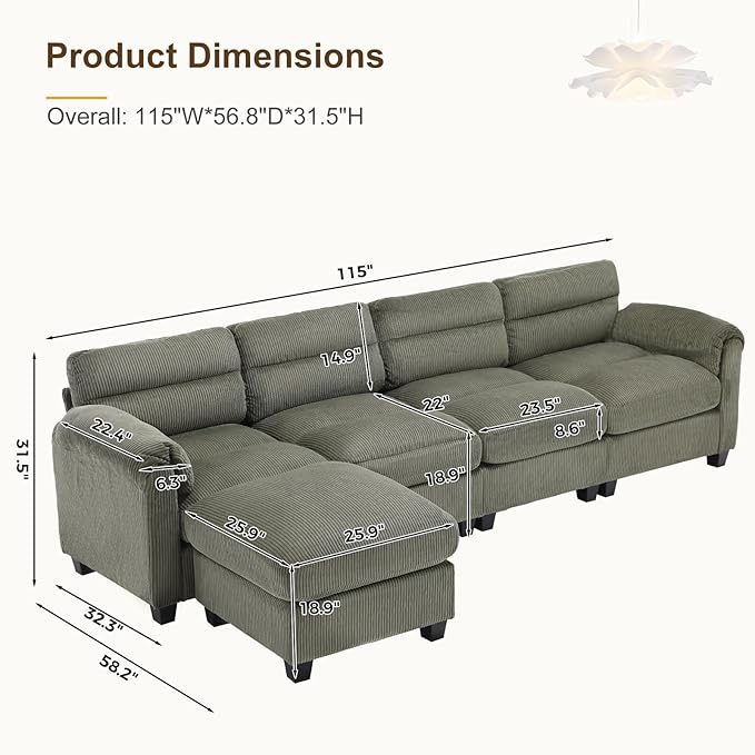 115” Modular Sectional L Shaped Sofa with Movable Ottoman Corduroy 5-Seater Couches with Thick Cushion for Living Room Green