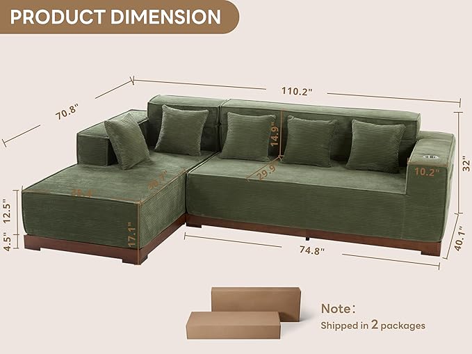LIKIMIO 110 Inch L-Shape Sofa with LED Lights Boneless Couch with Oversized Chaise Deep Seat Built-in Holder &amp Storage Pocket Upholstered Couches for Living Room and Apartment Green