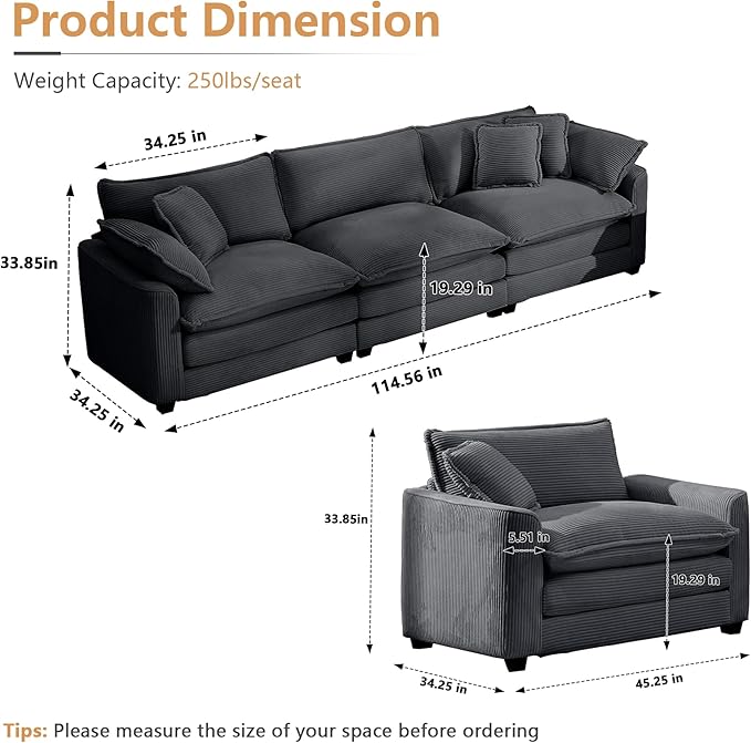 mikibama Luxury 3 Piece Sofa Set 3-Seater &amp 2 Single Sofa Set Modern Corduroy Comfy Cloud Couches Set for Living Room Office with 2 Armrest Pillows and 5 Toss Pillows Grey