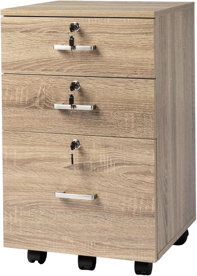VINGLI 3-Drawer File Cabinet with Lock Wood Rolling Filing Cabinets for Home Office Mobile Printer Stand Under Desk File Organizer for Letter Sized Files 26 H(Caster Included) Oak