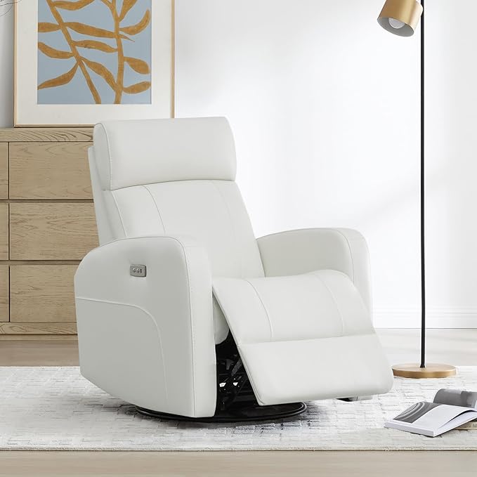 CHITA Genuine Leather Power Swivel Glider Recliner Chair FSC Certified Double Layer Backrest Truck Armrest Recliner Chair Sofa for Living Room-White