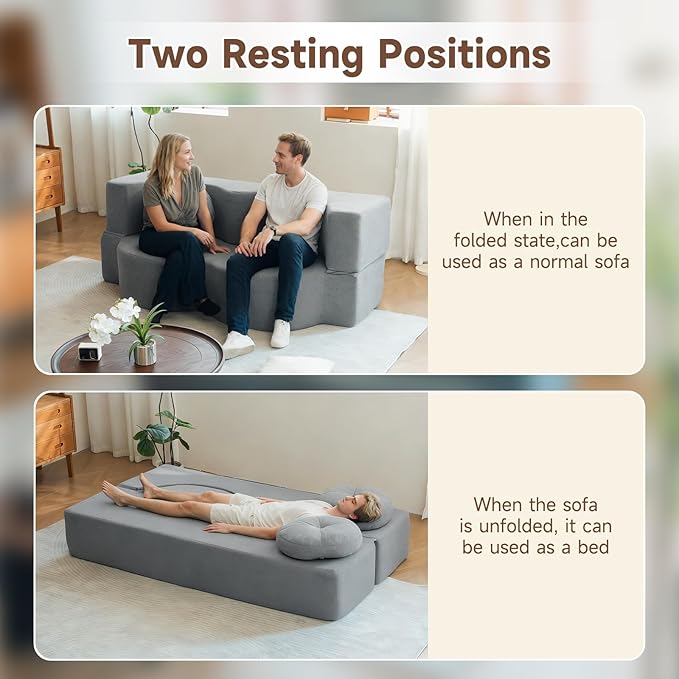 2-in-1 Convertible Folding Sofa Bed Sleeper Sofa with Pillow Teddy Fabric High-Density Foam Floor Mattress Sleeper for Living Room Guest Use Office Apartment No Assembly Required (Grey)
