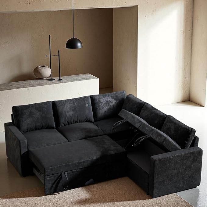 Modular Sofa Bed Couch with Storage 82 Reversible Sleeper Sofas with Pull Out Bed Pull Out Couch for Living Room Apartment Bedroom Office Velvet Black