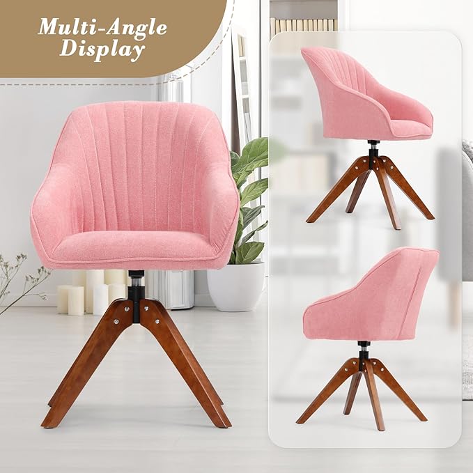 Athena Collection Swivel Modern Accent Chair Linen Upholstered Armchair Office Desk Chair No Wheels with Wooden Legs Comfy Vanity Chair Reading Chair for Bedroom Living Room Office Pink