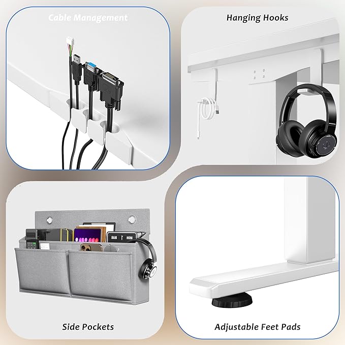 EnHomee Standing Desk with RGB LightsAdjustable Gaming Desk 48 x 24 HeightComputer Desk with 3 Memory Presets &amp Ergonomic Curved TopSit Stand Office Desk with Storage Bag &amp HookWhite