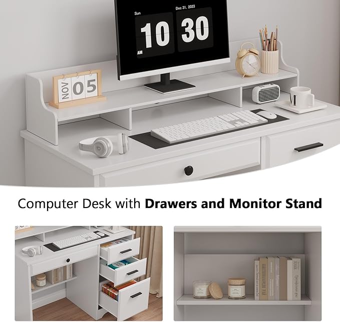 White Desk with Drawers Small Computer Desk with File Drawers for Bedroom Home Office Desk with Shelves and Monitor Stand for Writing Study Small Spaces