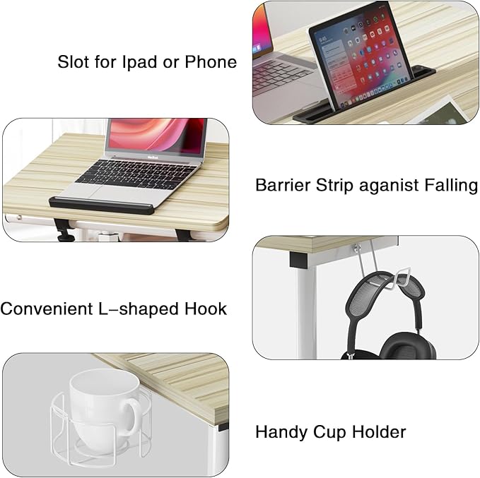 SDHYL 31.5 inches Movable Laptop Desk with Mouse Board Adjustable Height and Angle Anti-Slip Workstation Home Office Desk with Tablet Slot Portable Student Desk Maple
