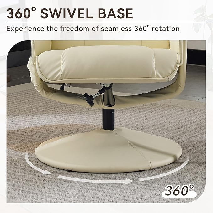 Ergonomic Recliner Chair with Ottoman for Adults 360° Swivel Massage Lounge Chair with 5-Point Vibration &amp Heated Seat140° Adjustable PU Leather Recliner for Living Room Office (Beige+PU Leather