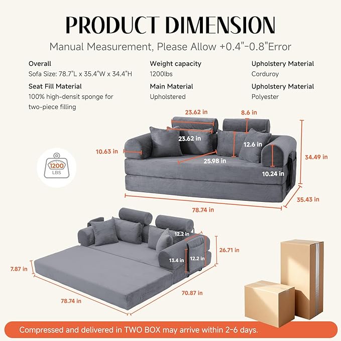 Upgrade Sofa Bed Convertible Boneless Couch for Small Spaces with High Backrest Design Fixed-Shape Frame &amp Removable Armrests and Backrest 2 Corduroy Pillow Dark Gray