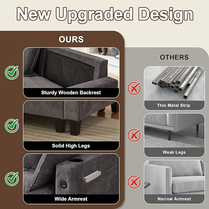 152 Modular Sectional Couches for Living Room U Shaped Cloud Couch with Ottoman Chenille Deep Seat Sofa Cloud Sectional Couch with Charging Station Cup Holder Side Pocket Grey