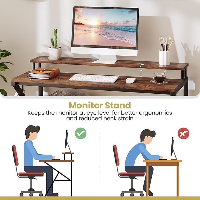 Giantex Small Desk with Storage Compact Computer Desk for Small Spaces with Monitor Stand Metal Frame &amp Earphone Hook Laptop PC Table Modern Writing Desk for Home Office Bedroom (Rustic Brown