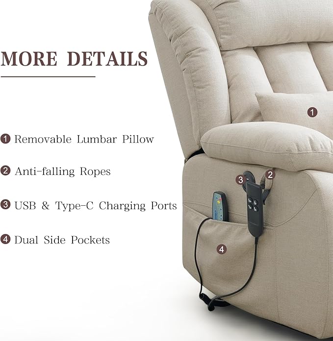 Infinite Position Lay Flat Lift Recliner Chair for Adults Dual Motor Power Lift Chair for Elderly with Massage &amp Heating USB Ports Remote Control &amp Lumbar Pillow Linen Fabric (Ivory)