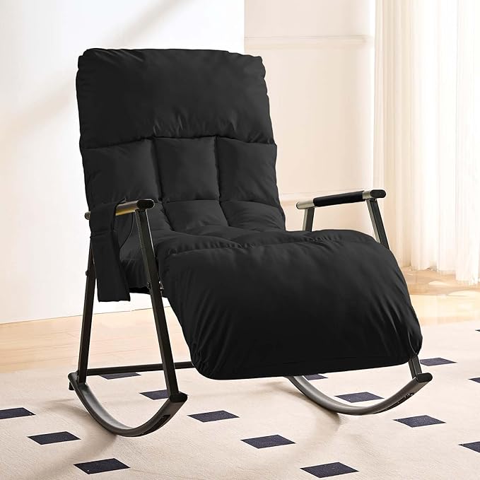 ijuicy Lazy Lsisure Rocking Chair with a Sturdy Iron FrameAdjustable Single ChairGlider Chair for Watching TV or Playing Vedio GamesLiving Room/Bedroom/Guest Room (Black)
