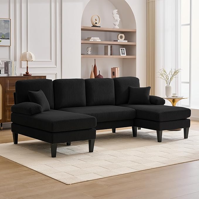 98 U Shaped Couch with 18 Seat Height Sectional Couches for Living Room 4 Seater Couch Set with Double Chaise for Apartment Living Room Sofas Corduroy Black