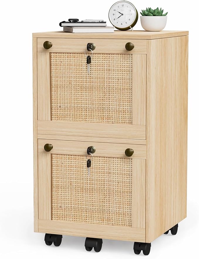 VINGLI 2 Drawer File Cabinet with Lock Rolling File Cabinets for Home Office Small Printer Stand Wood Rattan Oak File Organizer Under Desk Filing Cabinet on Wheels for Folders with Tabs