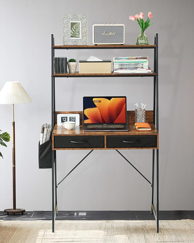 Kathy&ampBob Small Home Office Study Desk - Freestanding Ladder Design with Fabric Drawers &amp Side Bag - Modern Vanity Makeup Desk - 2 Tier Shelf &amp Computer Gaming Station