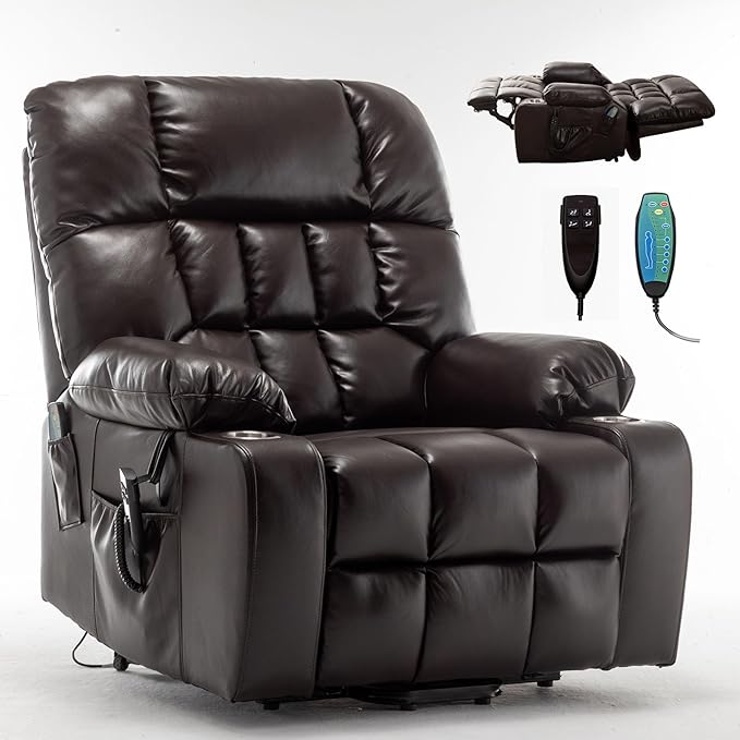 Oversized Power Recliner Chair for Big and Tall 400 LBS 25.5 Extra Wide Electric Lift Chair with Heat and Massage Dual Motor 180° Lay Flat Recliner Living Room Sofa PU Leather Big Recliner