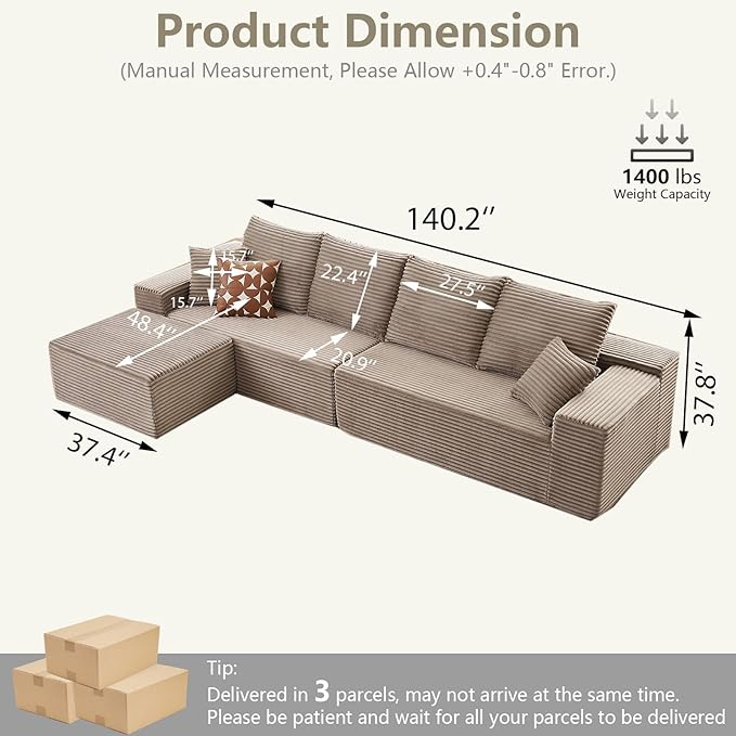 140 L Shaped Cloud Sectional Couch for Living Room Modular Floor Deep-Seat Sofa Big Comfy Corduroy Couches Set with Fluffy Memory Foam for Living Room Bedroom No Assembly Required Camel