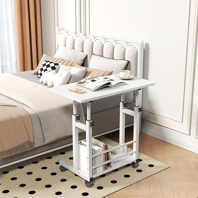 Adjustable Height Mobile Computer Desk for Small Space Rolling Writing with Wheels Corner Home Office Study Portable Bedrooms Work Desk Standing Table 31.5x15.75 Inches Height 27.16-35.43 White