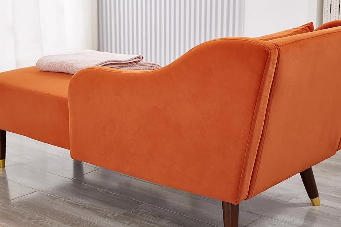 58 Modern Velvet Sofa Chaise with Tilted Backrest Comfortable Luxurious Lounge Chair with Curved Armrests Stylish Sofa Couch with Solid Wood Legs for Apartment Bedroom Living Room Orange