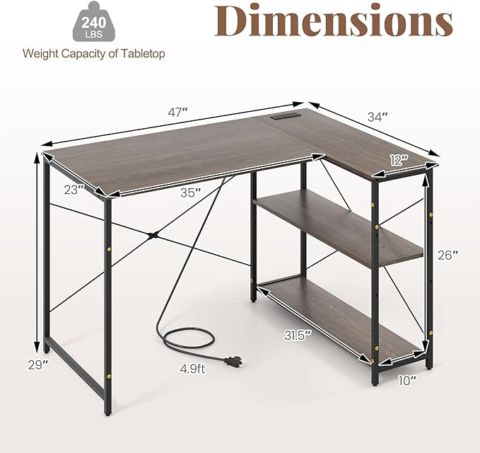 Giantex L Shaped Desk with Charging Station 47 Inch Reversible Computer Desk with Adjustable Storage Shelves &amp Metal Frame Modern Corner Desk for Home Office Studying Writing Gaming (Grey Oak)