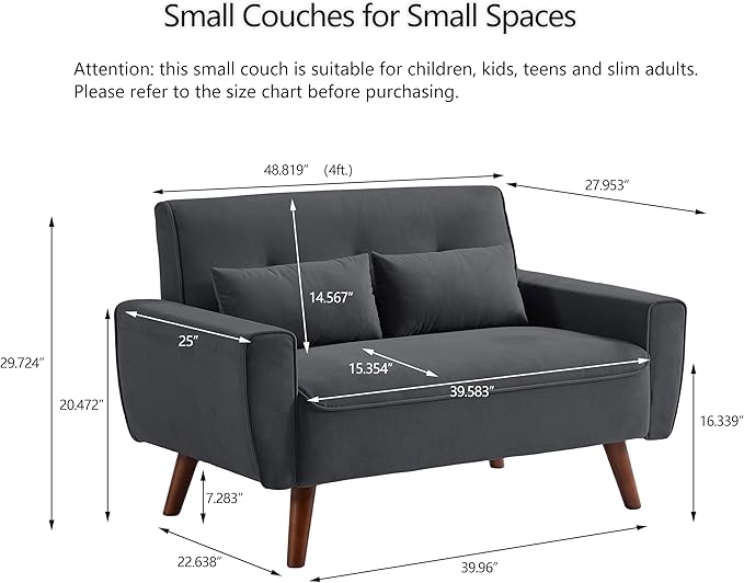 48 Small Loveseat Sofa Mid Century Modern Linen Love Seat Couch 2 Seat Tufted Couches with Throw Pillows and Wood Legs for Living Room Apartment Bedroom and Small Space