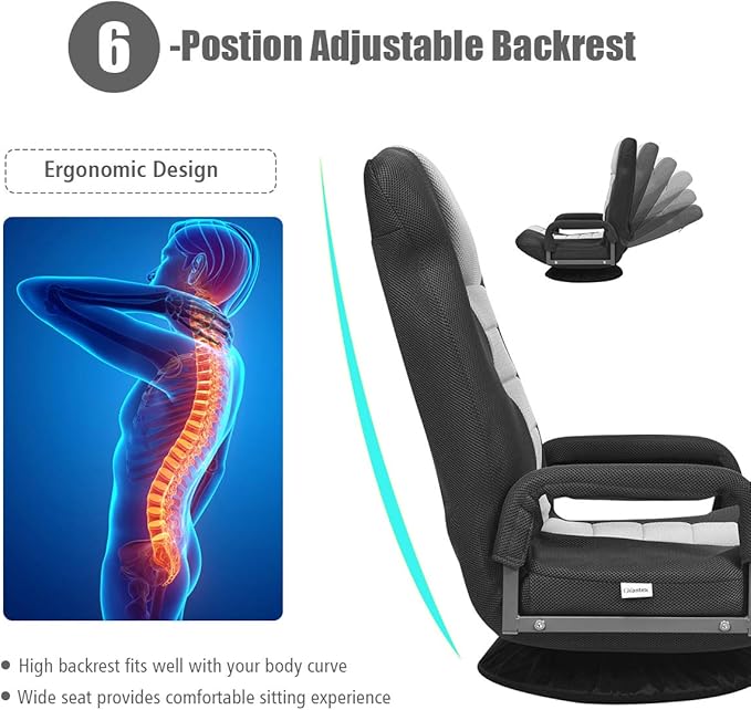 Giantex Floor Chair 360 Degree Swivel Chair with Adjustable Backrest Lumbar Support Armrest Foldable Lazy Sofa Rocker for TV Reading Playing Video Games Black/Grey