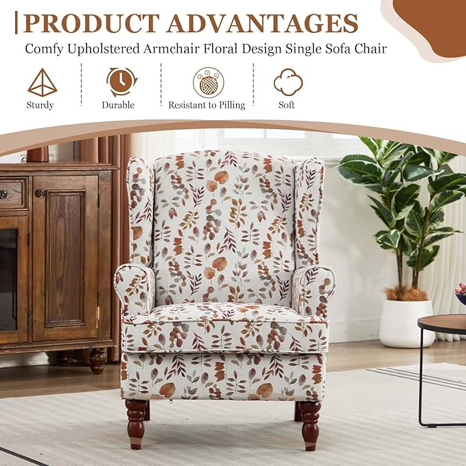 Vintage Floral Accent Chair Wingback Chair with Arms for Living Room Antique Occasional Side Chair|High Back|Ticken Seat Cushion|Fabric Upholstered (Blue) (Brown Yellow A)