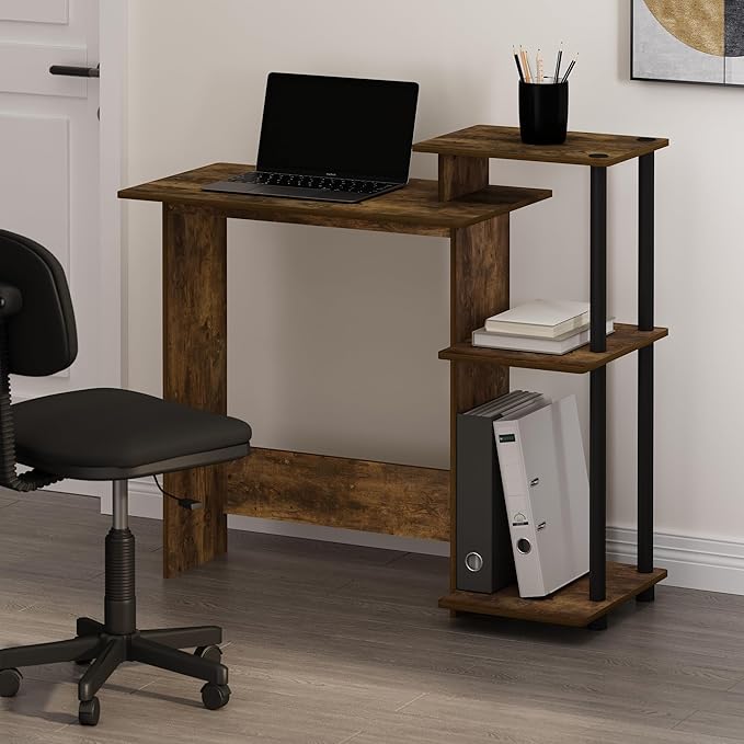 Furinno EFFICIENT Desk 28.6 Wide Gaming Desk with 3 Open Side Shelves Laptop Notebook Computer Desk Office Desk for Home Office Study Room Dorm Bedroom Amber Pine