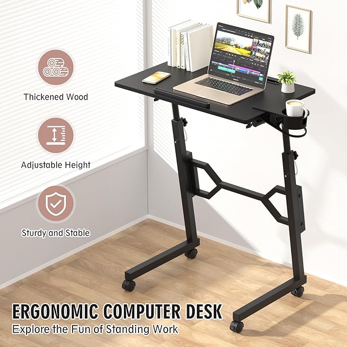 Small Standing Desk with Wheels Portable Treadmill Desk Rolling Desk Adjustable Height for Laptop Mobile Standing Table for Walking Pad Bedside Table